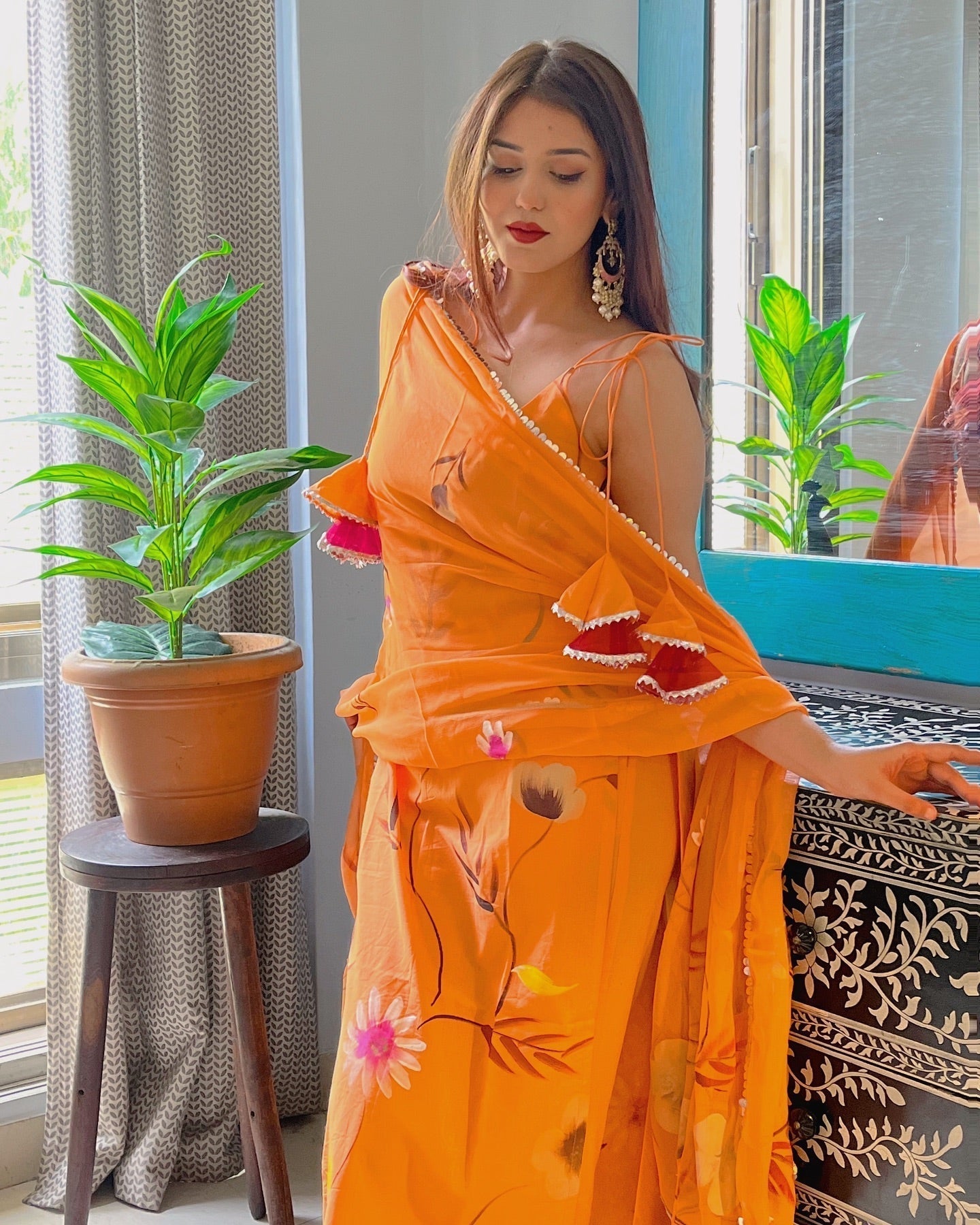 Orange Floral Motifs Suit Set