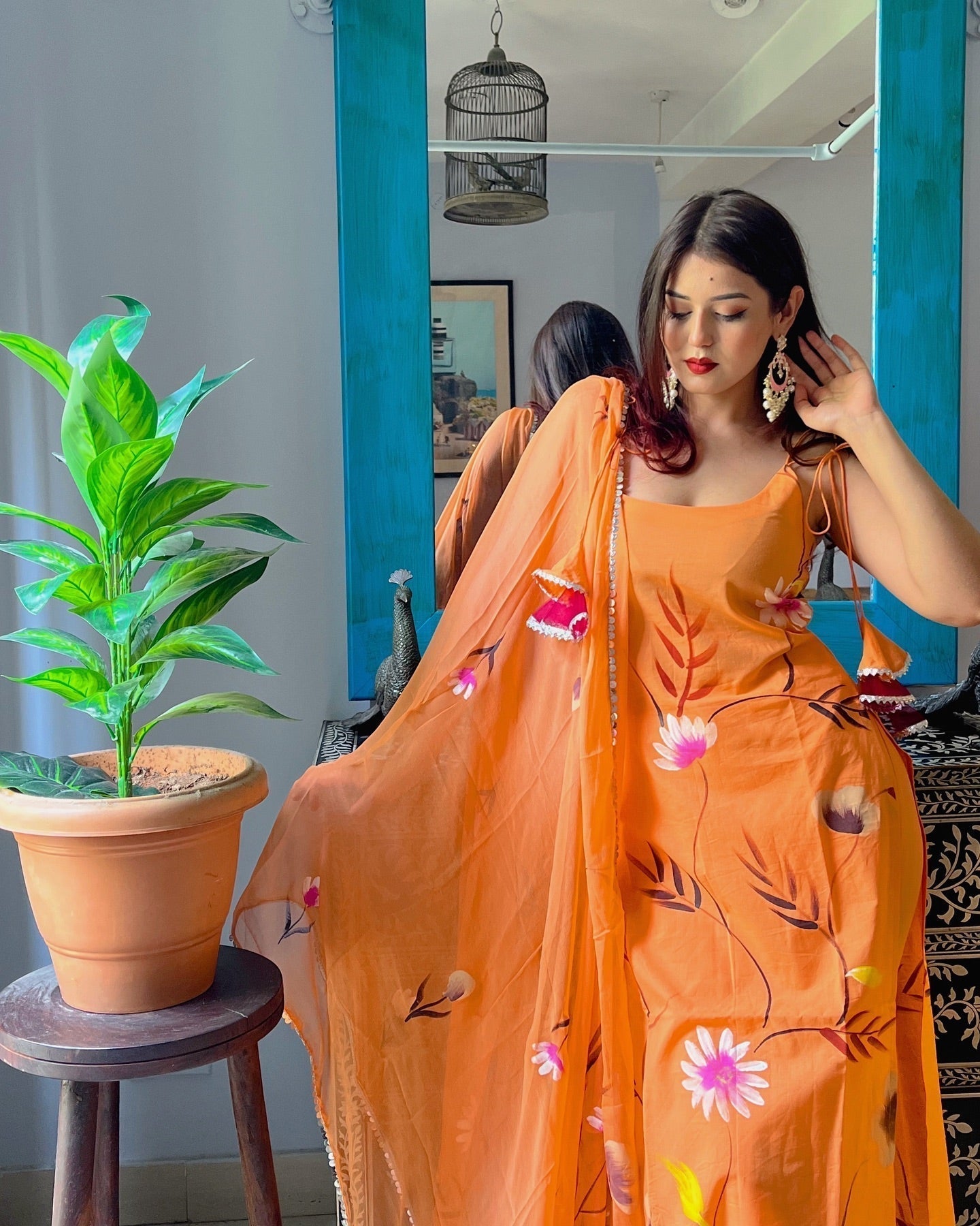 Orange Floral Motifs Suit Set