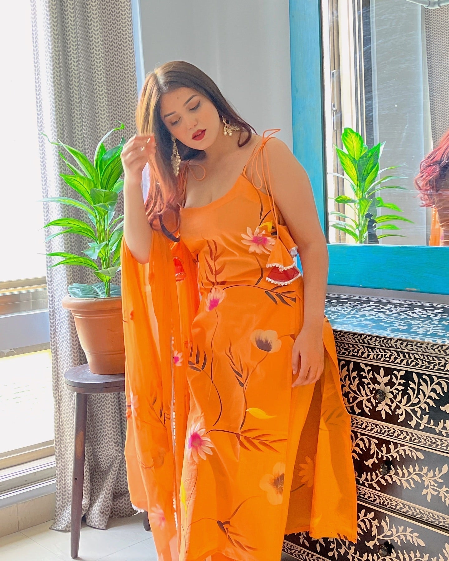 Orange Floral Motifs Suit Set